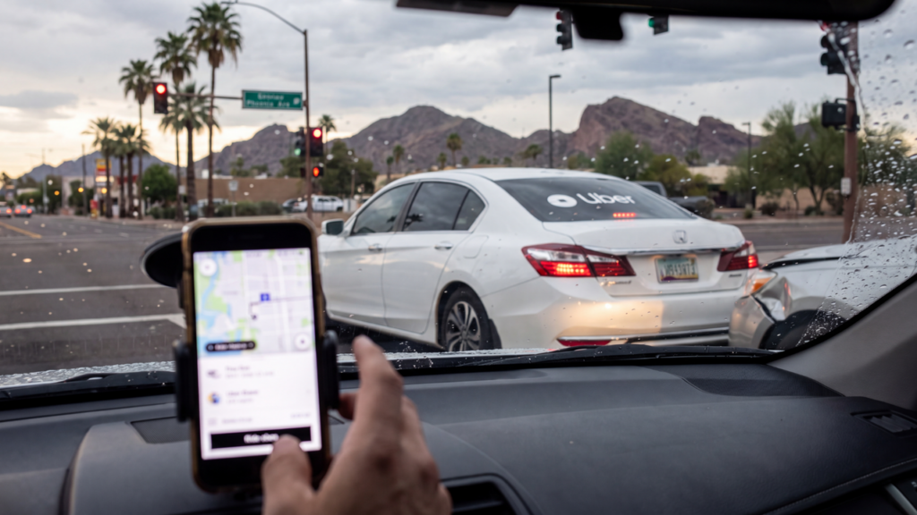 Driver checking a smartphone while driving