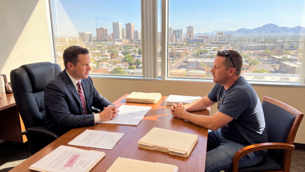 Phoenix car accident attorney discussing a denied insurance claim with a client in his office