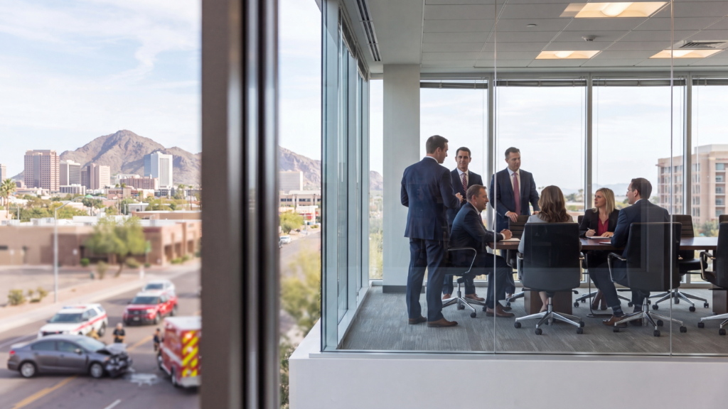 Phoenix injury lawyers meeting in an office overlooking an accident scene in Phoenix, Arizona.