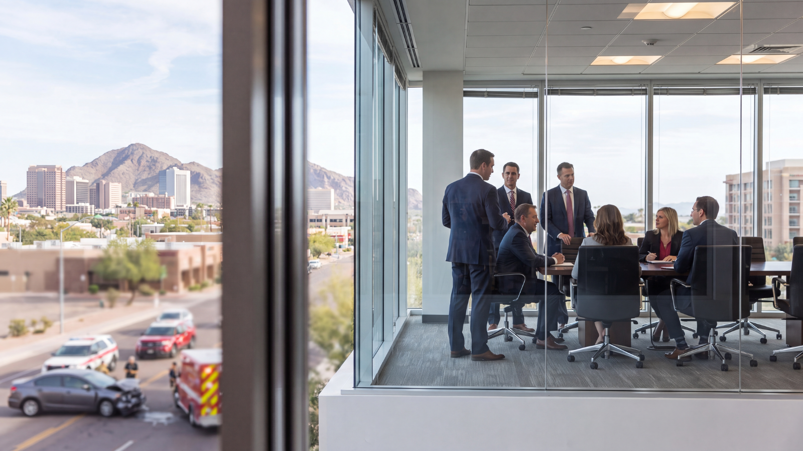 Phoenix injury lawyers meeting in an office overlooking an accident scene in Phoenix, Arizona.