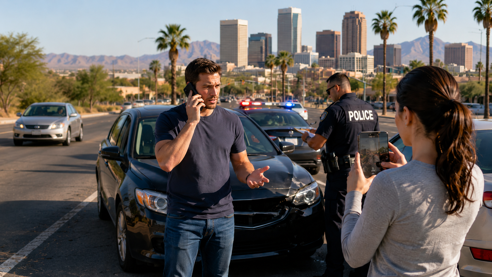 Man on the phone after a Phoenix car accident while another person photographs the damage and a police officer documents the scene.