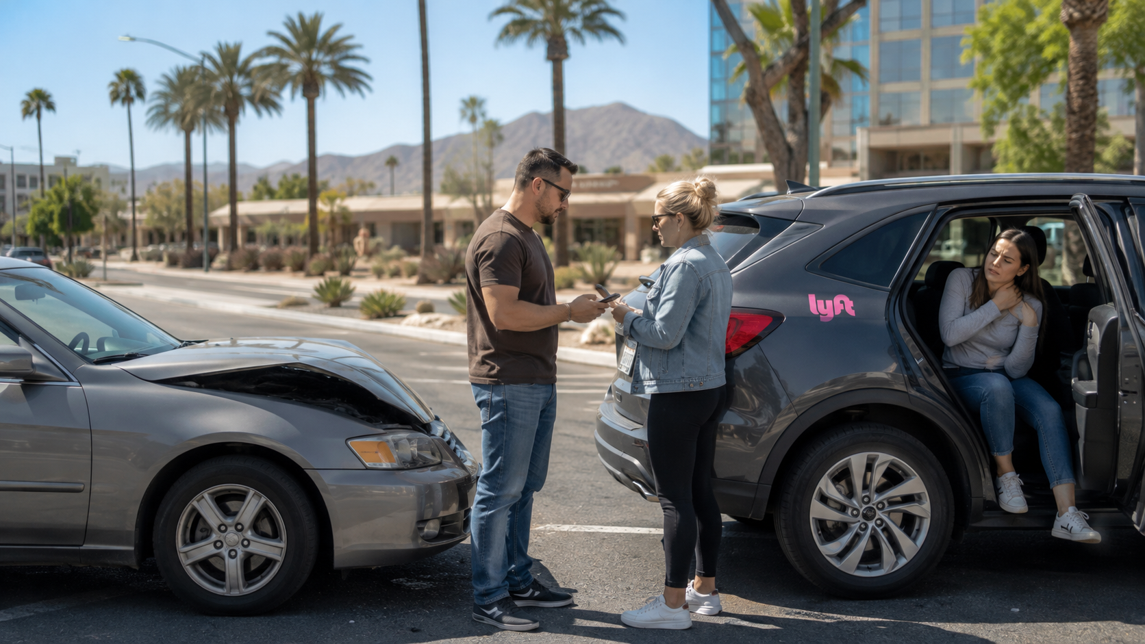 Injured Lyft passenger after a Phoenix car accident while drivers exchange information beside the damaged vehicles.