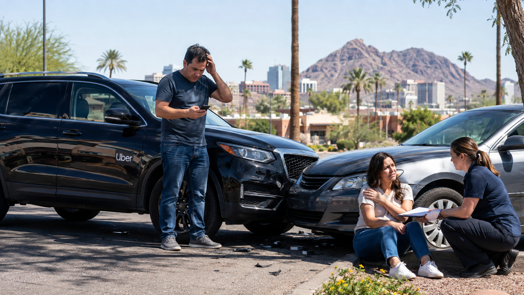 Injured rider after an Uber accident in Phoenix while the driver checks the app and insurance details near the damaged vehicles.