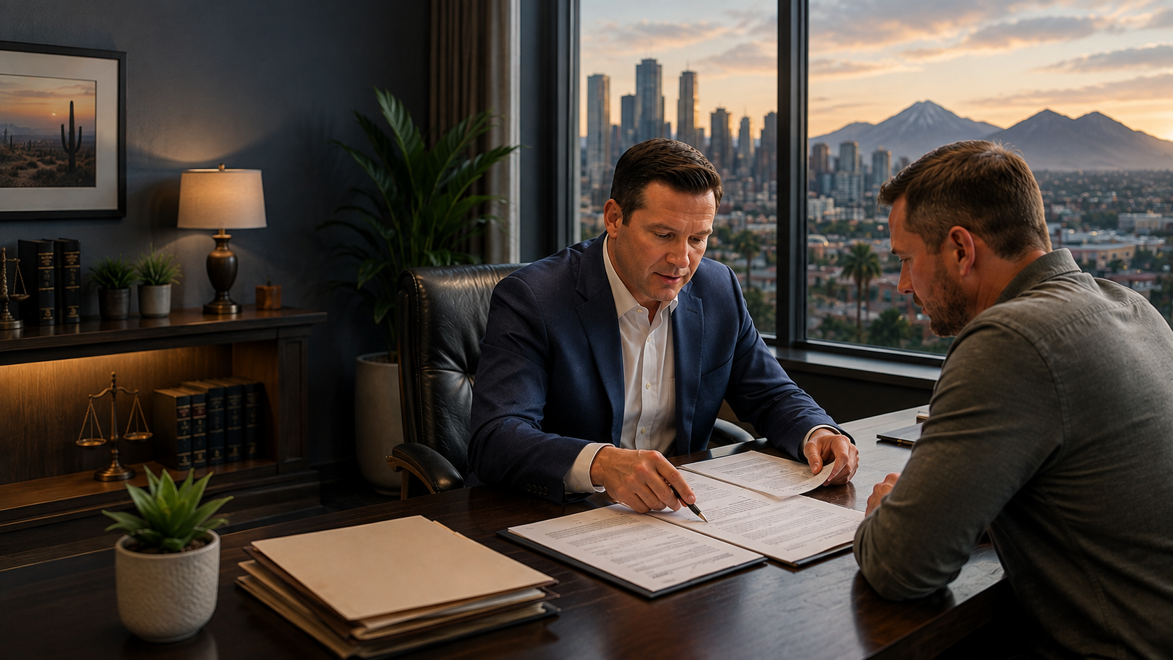 Two men reviewing motorcycle accident claim documents with a lawyer in a Phoenix office
