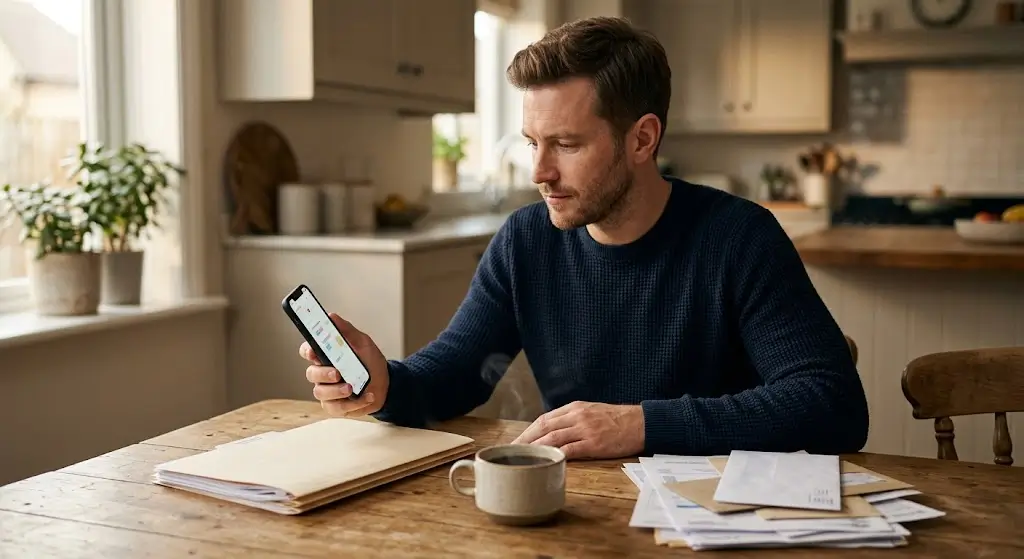 Man at his kitchen table checking his phone calendar while reviewing medical bills and paperwork from his personal injury case