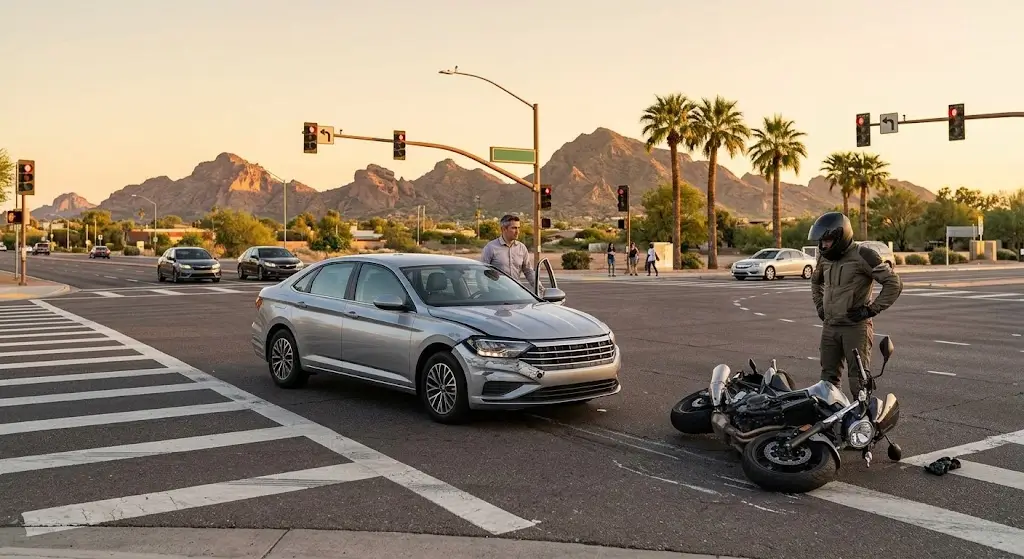 A motorcycle lies on its side after a left-turn collision with a sedan at a Phoenix intersection, with Camelback Mountain and palm trees in the background at sunset