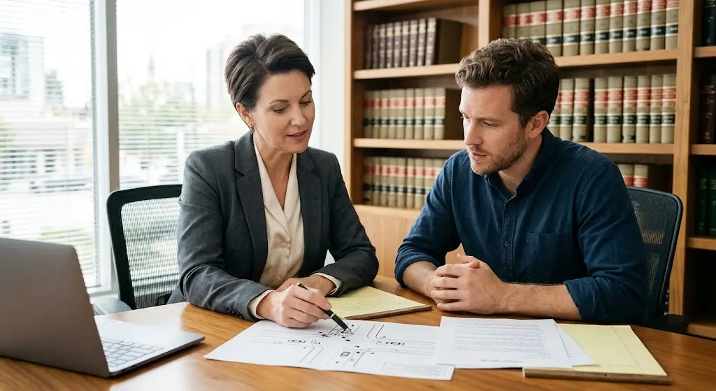 An attorney reviews a crash diagram and points out a section to her client at her office desk while discussing Arizona's comparative fault rules