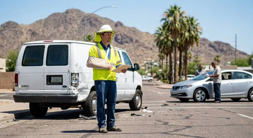 Injured worker in a hard hat and safety vest with his arm in a sling standing beside a damaged company van after being hit by another driver while on the job