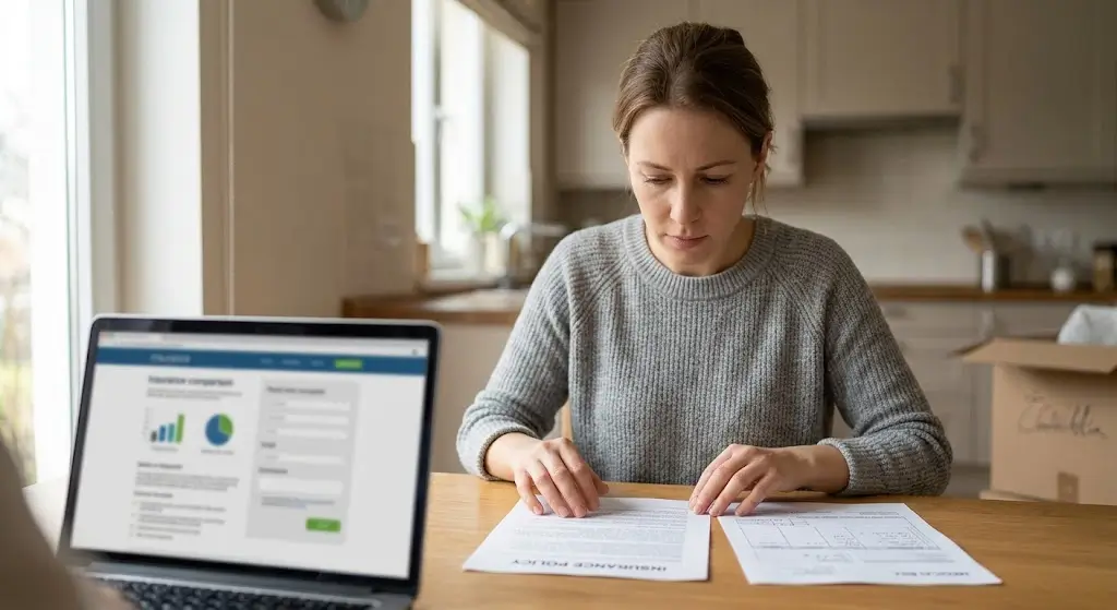 Woman comparing her insurance policy and medical bill at her kitchen table next to a moving box, with an insurance comparison site open on her laptop