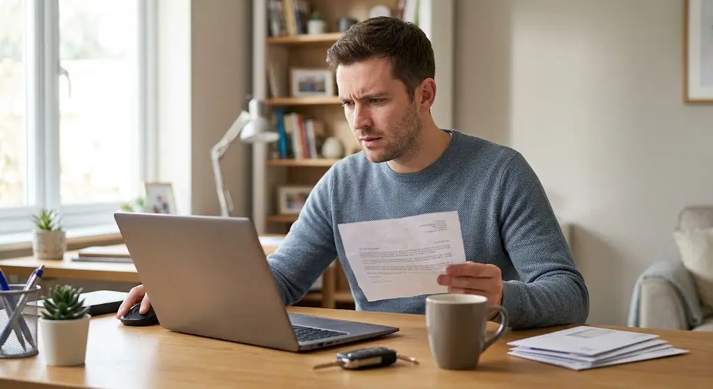 Man at his home desk comparing a printed letter to his laptop screen while checking his car insurance claims history report