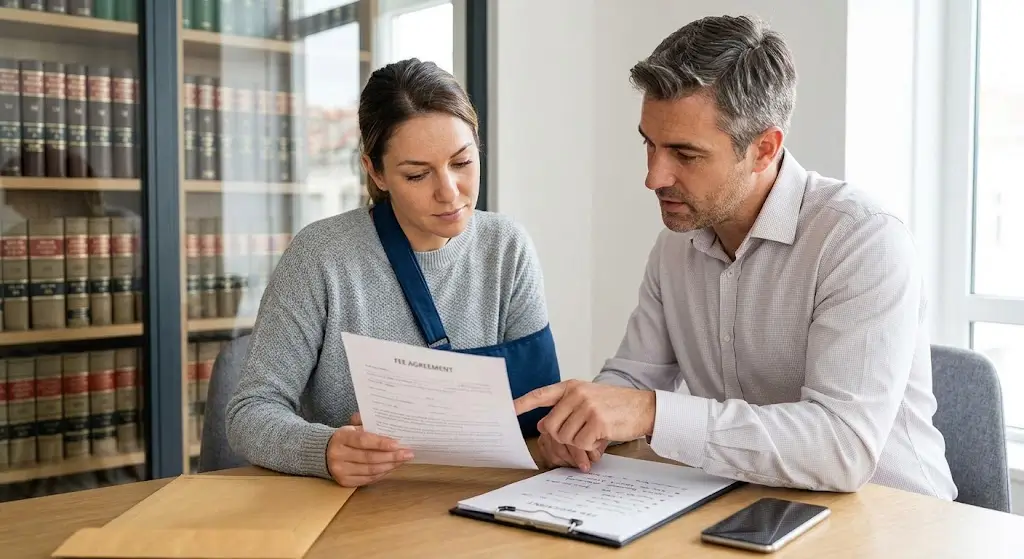 Injured client with her arm in a sling reviewing a fee agreement with an attorney at his office desk before hiring a personal injury lawyer