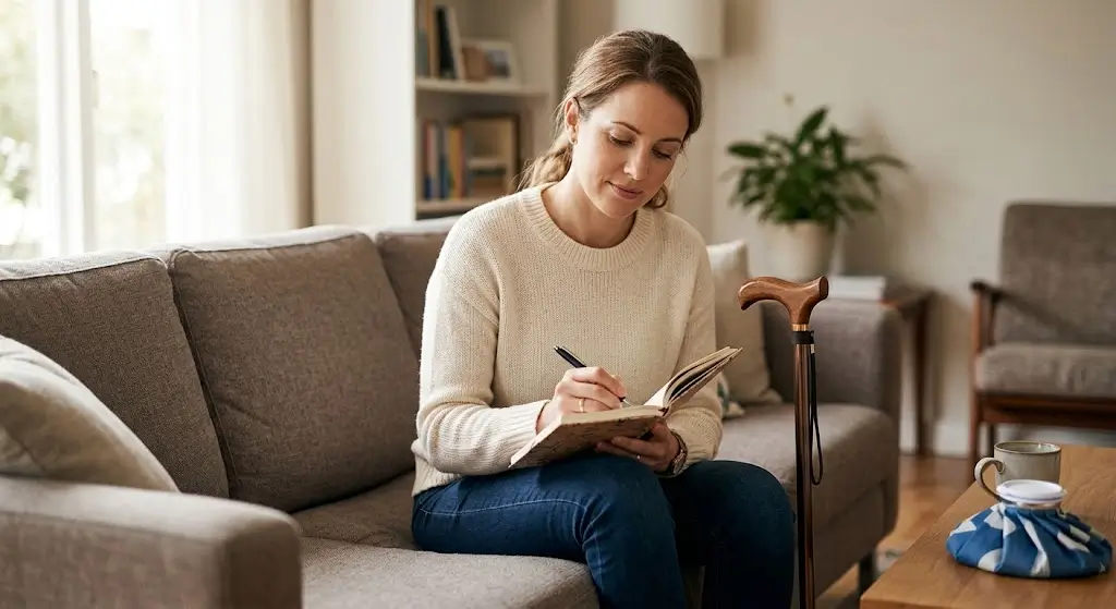 Woman with a walking cane sitting on her couch writing in a journal to document her pain and recovery after an injury