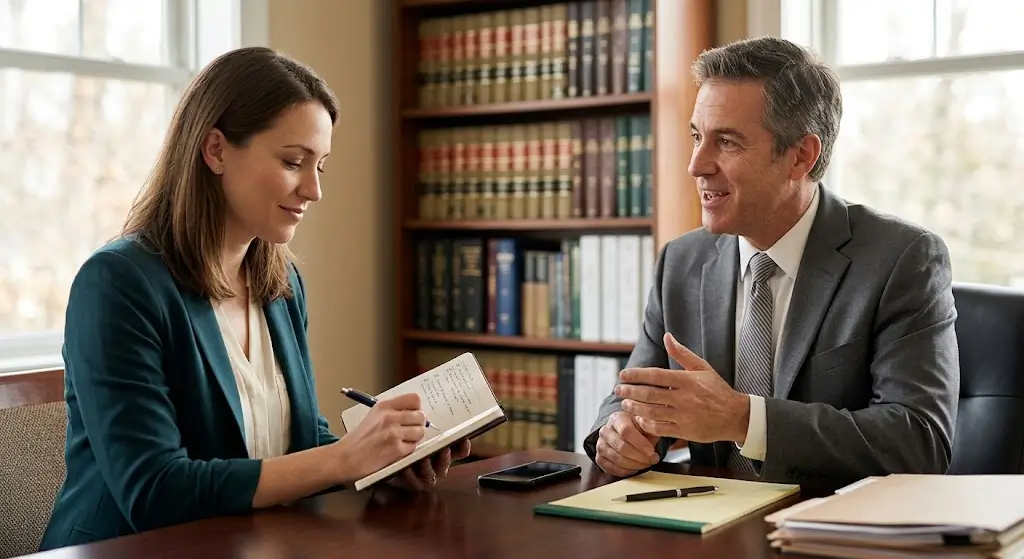 Client taking notes on a list of prepared questions while her attorney answers during a free consultation at his office