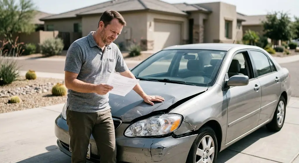 Man examining damage to his car's front bumper while reviewing a printed insurance settlement letter in his driveway