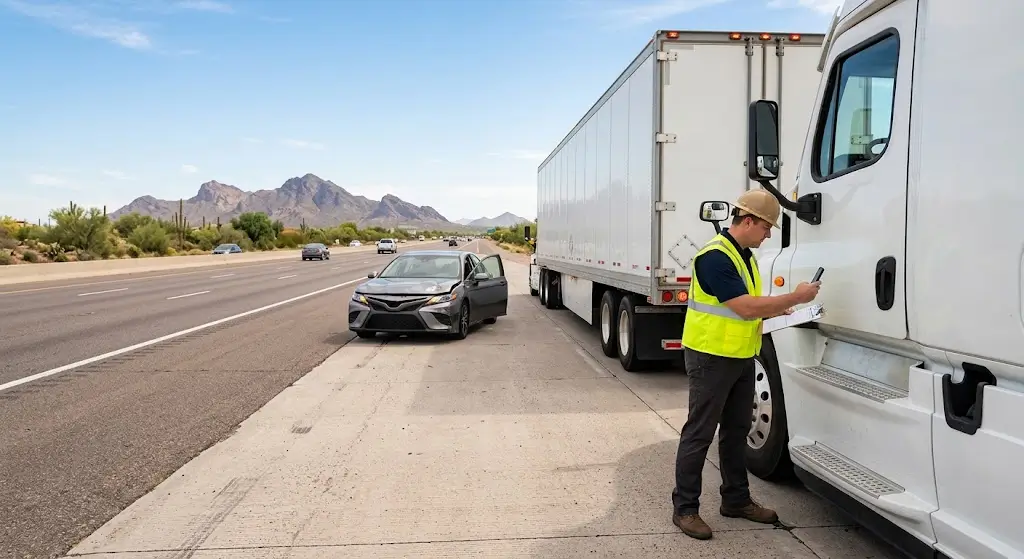 A trucking company investigator photographs and takes notes beside a semi-truck after a collision with a car on an Arizona highway shoulder