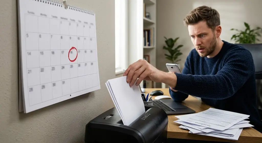 an noticing a circled deadline on his wall calendar while about to feed accident paperwork into a shredder