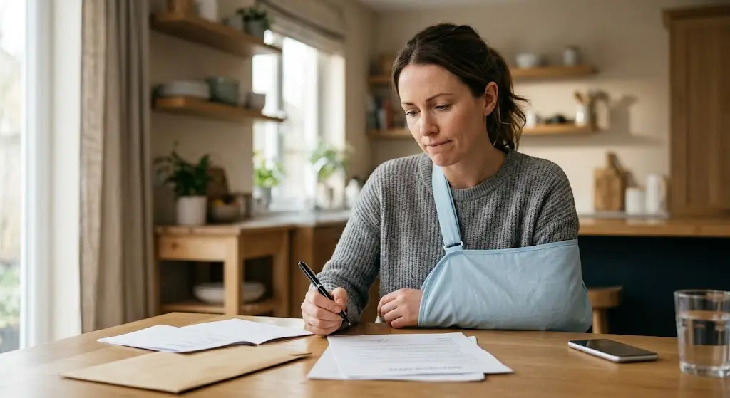 Woman with her arm in a sling sitting at her kitchen table, pen in hand, reviewing a car accident insurance settlement offer before signing