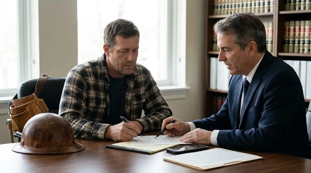 Injured worker reviewing a workers' compensation settlement agreement with his attorney in an office