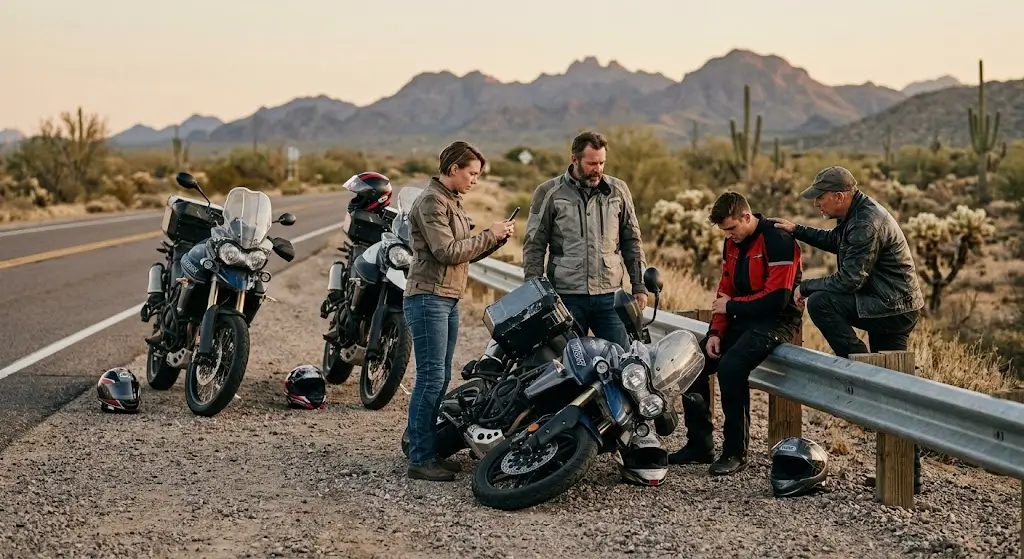 Group of motorcyclists checking on an injured rider roadside after a group-ride crash in Arizona