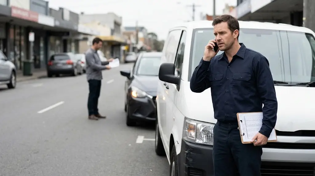 Delivery driver reporting a work-related car accident while standing beside his van