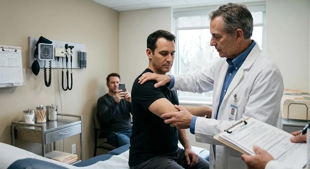 Doctor examining an injured worker's shoulder during a workers' compensation independent medical examination