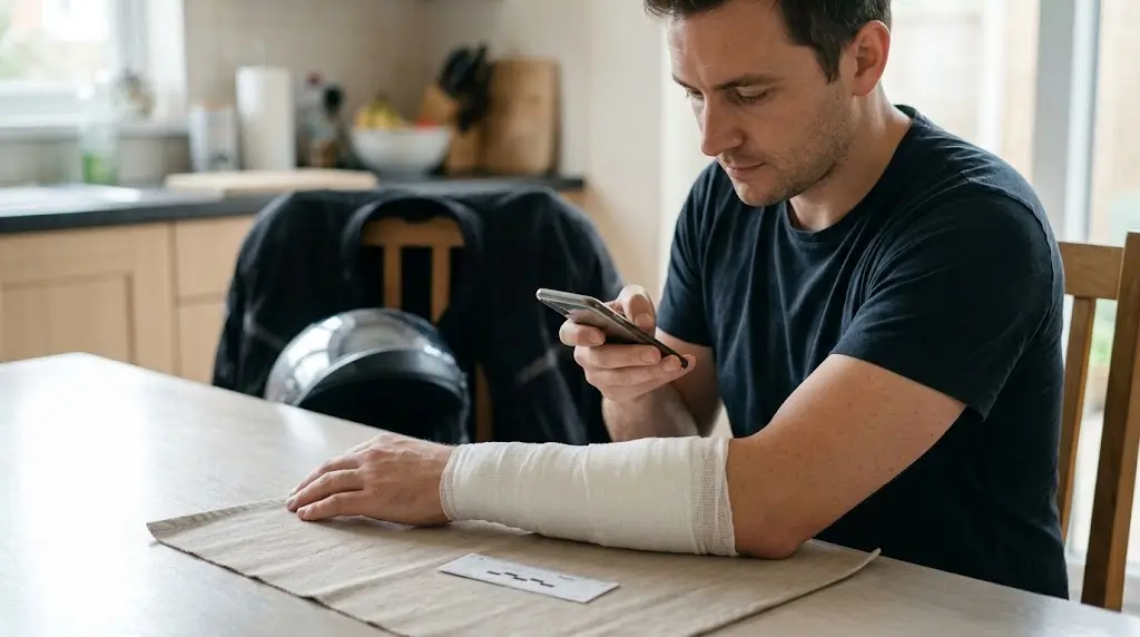 Motorcyclist photographing a bandaged road rash injury on his forearm for a disfigurement claim
