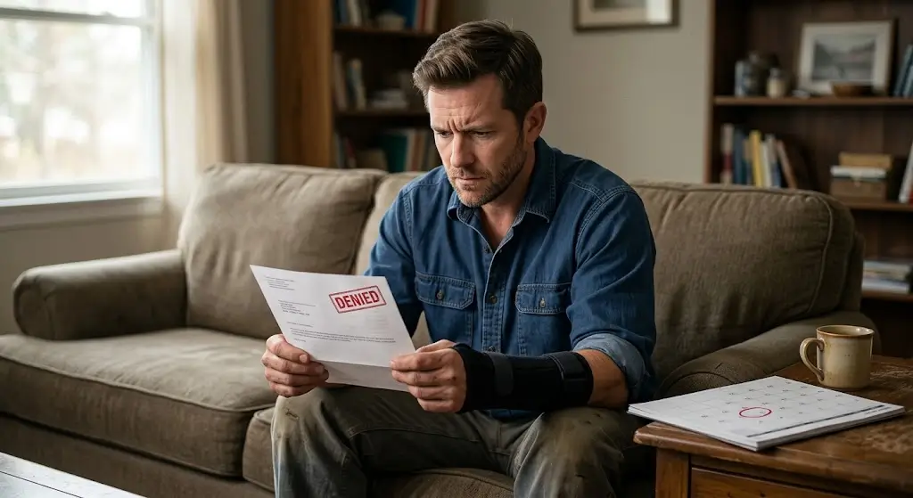 Injured worker with a wrist brace reading a denied workers' compensation claim letter at home